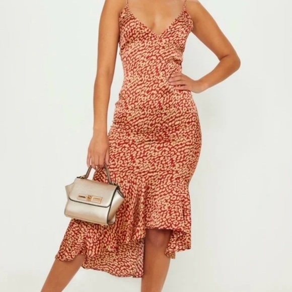 PrettyLittleThing Red and Cream Leopard Print High Low Slip Dress - Picture 11 of 11